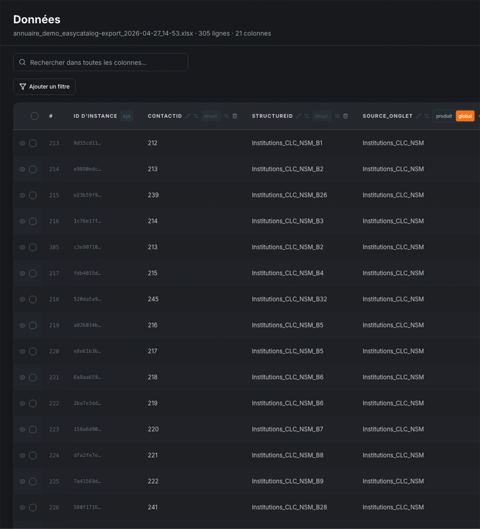 Vue Données CatalogPilot avec colonnes Excel catalogue et identifiants produits