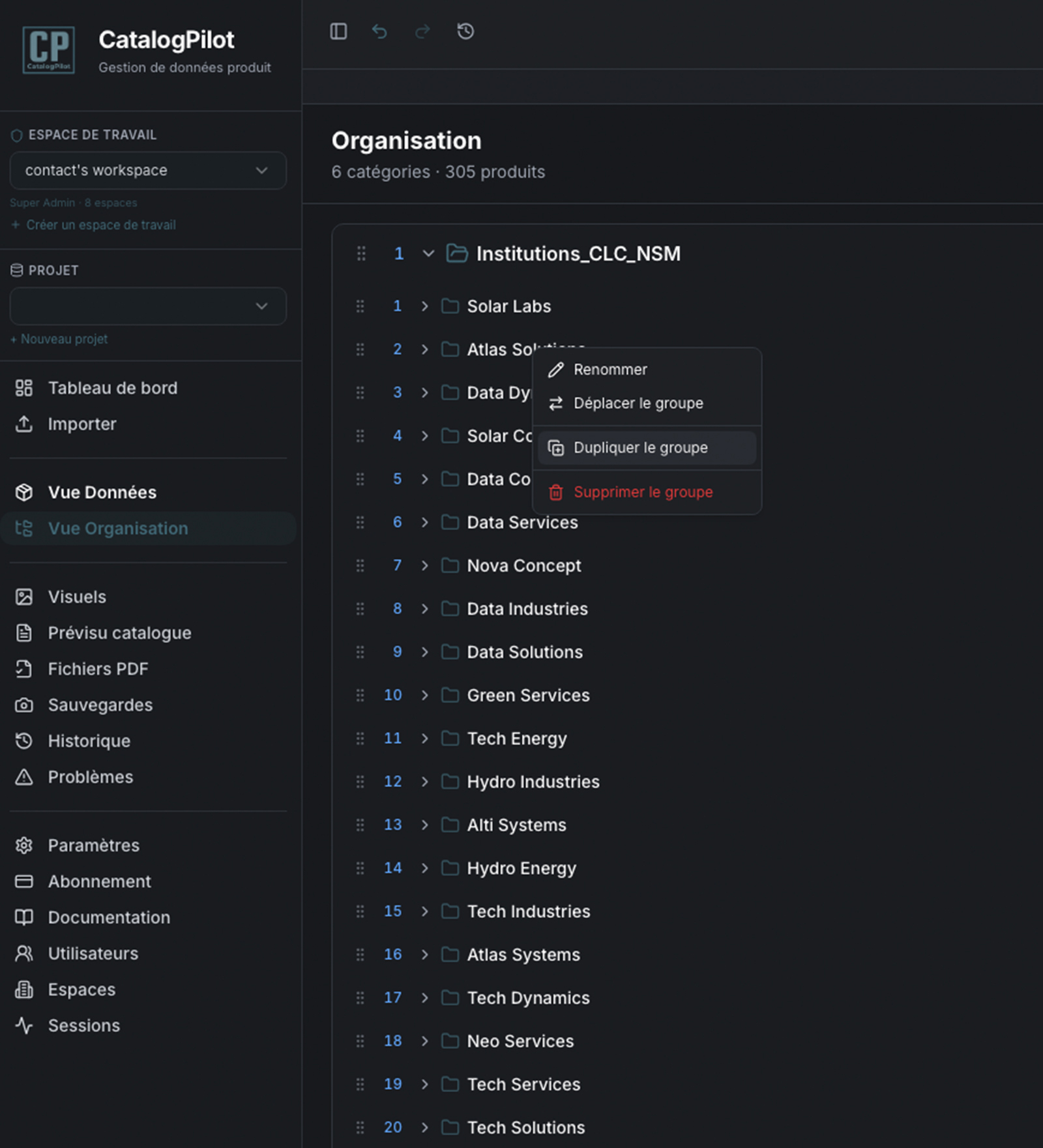 Duplication de groupe dans CatalogPilot pour structurer rapidement un catalogue