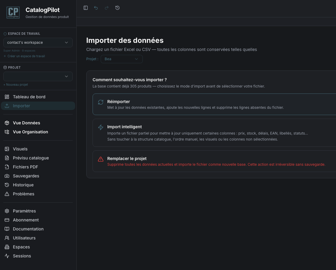 Écran d'import et réimport CatalogPilot pour mettre à jour les données produits