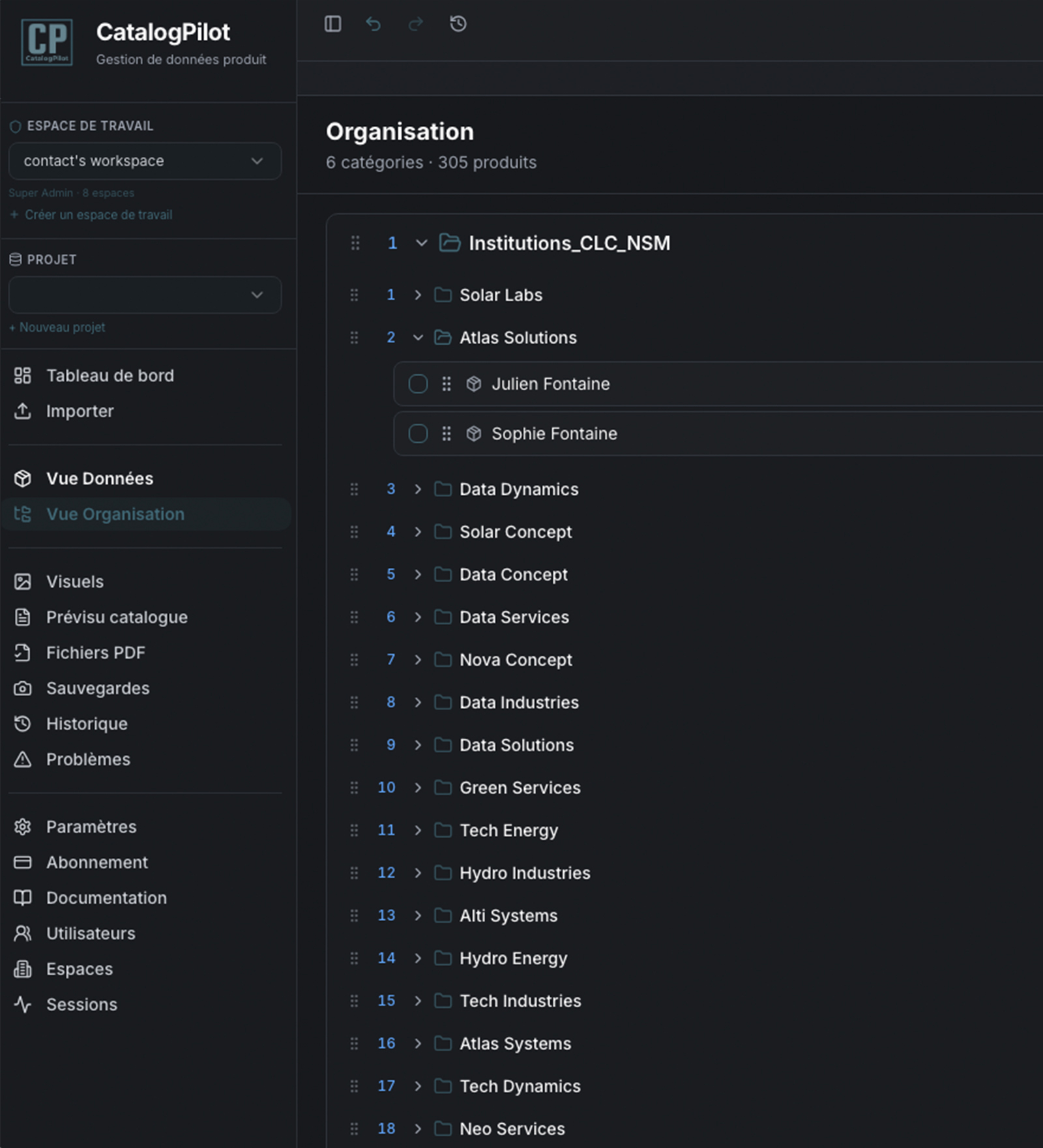 Vue Organisation CatalogPilot pour structurer une hiérarchie catalogue avant EasyCatalog
