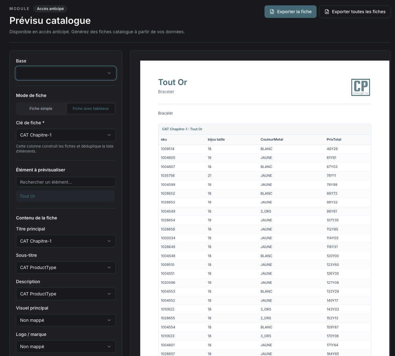 Prévisualisation PDF catalogue CatalogPilot avant production InDesign